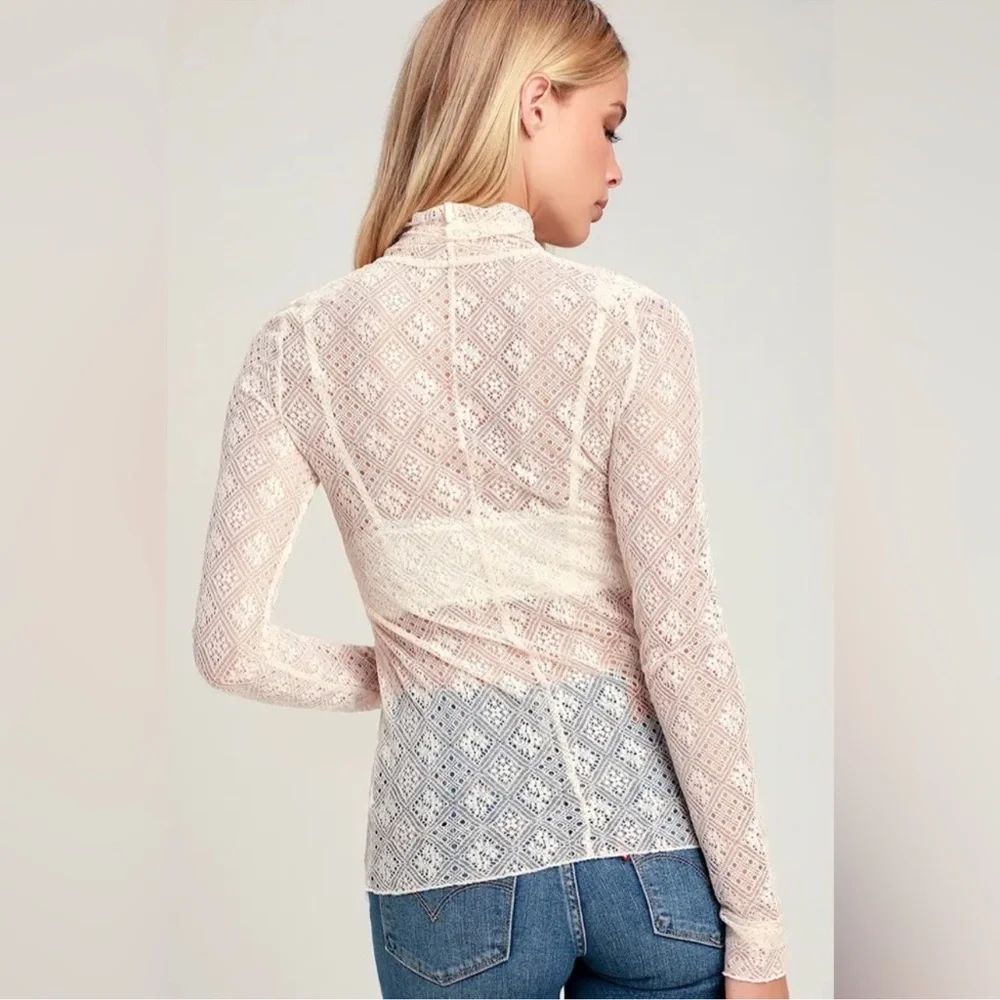 Free People Sweet Memories Ivory Sheer Lace Turtleneck Top Size Small